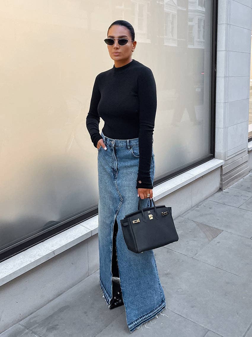 Sweetkama Denim High Waist Hip Wrap Ladies Denim Long Skirt