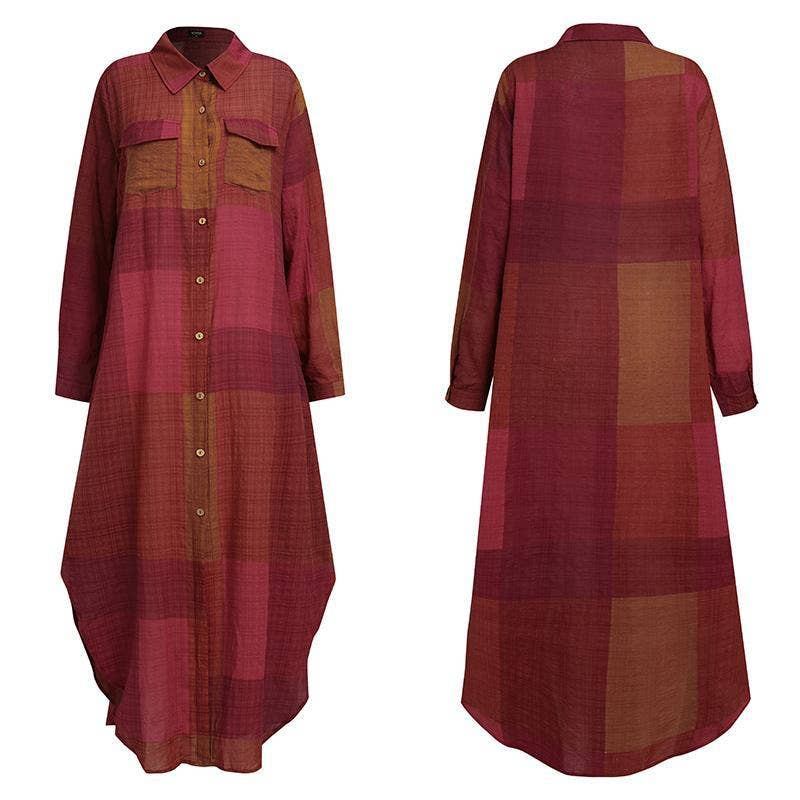 Ladies Plaid Shirt Feeling Relaxed Daily Long Dress 9237