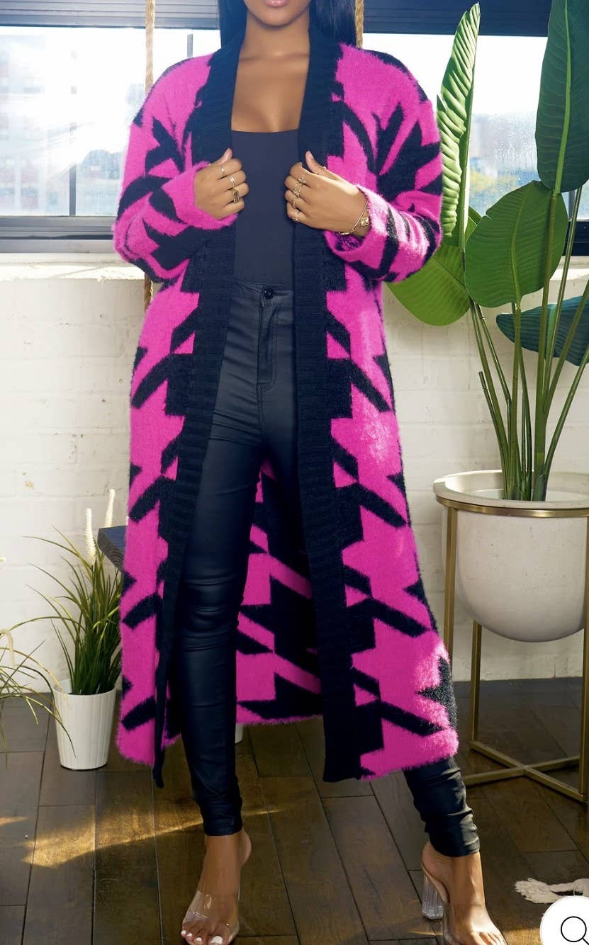 MULTI COLOR PATTERN OVER-SIZED KNIT LONG SEATER CARDIGAN