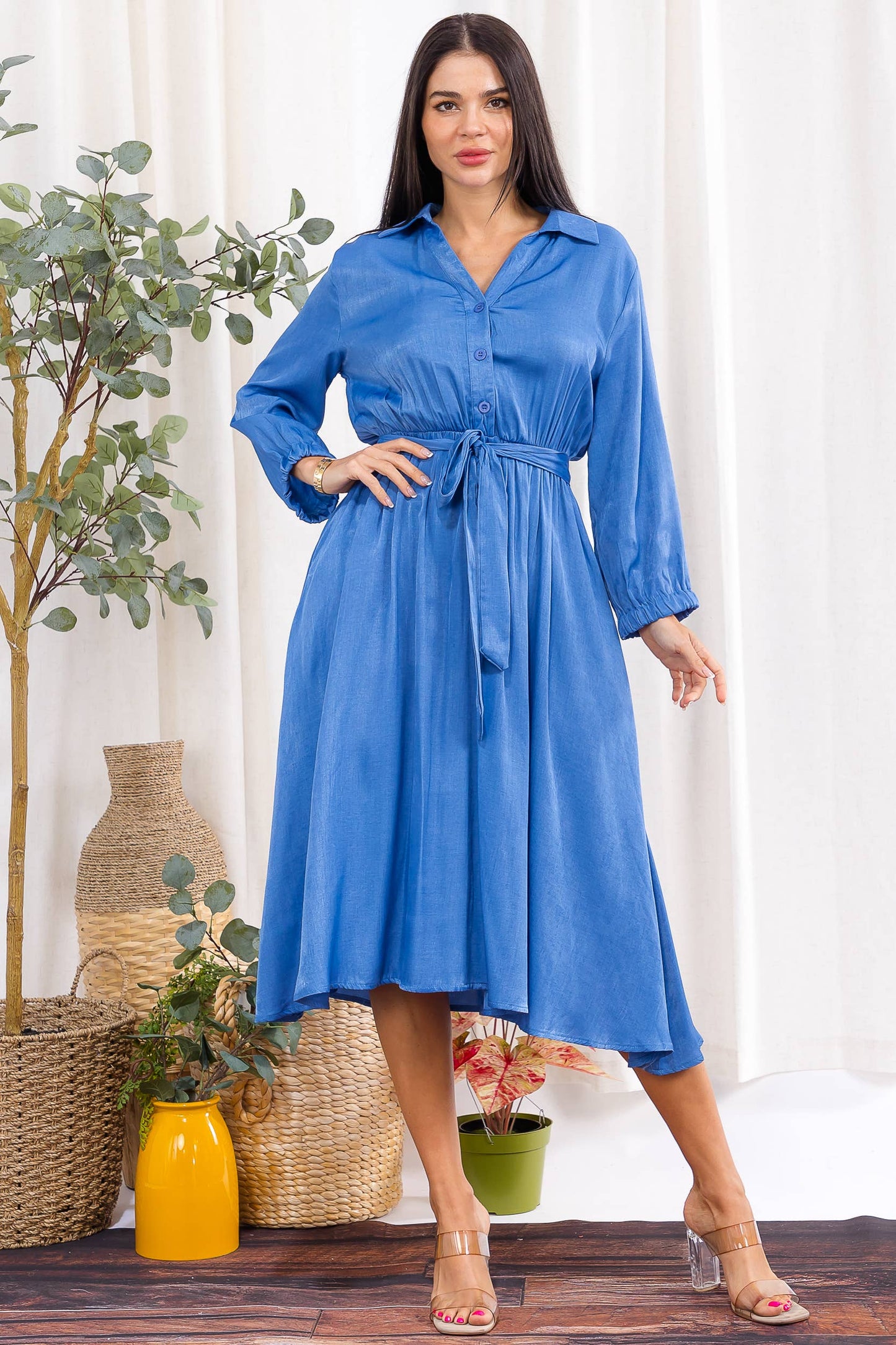 H003X-S Plus size Button-Down Belted Midi Dress