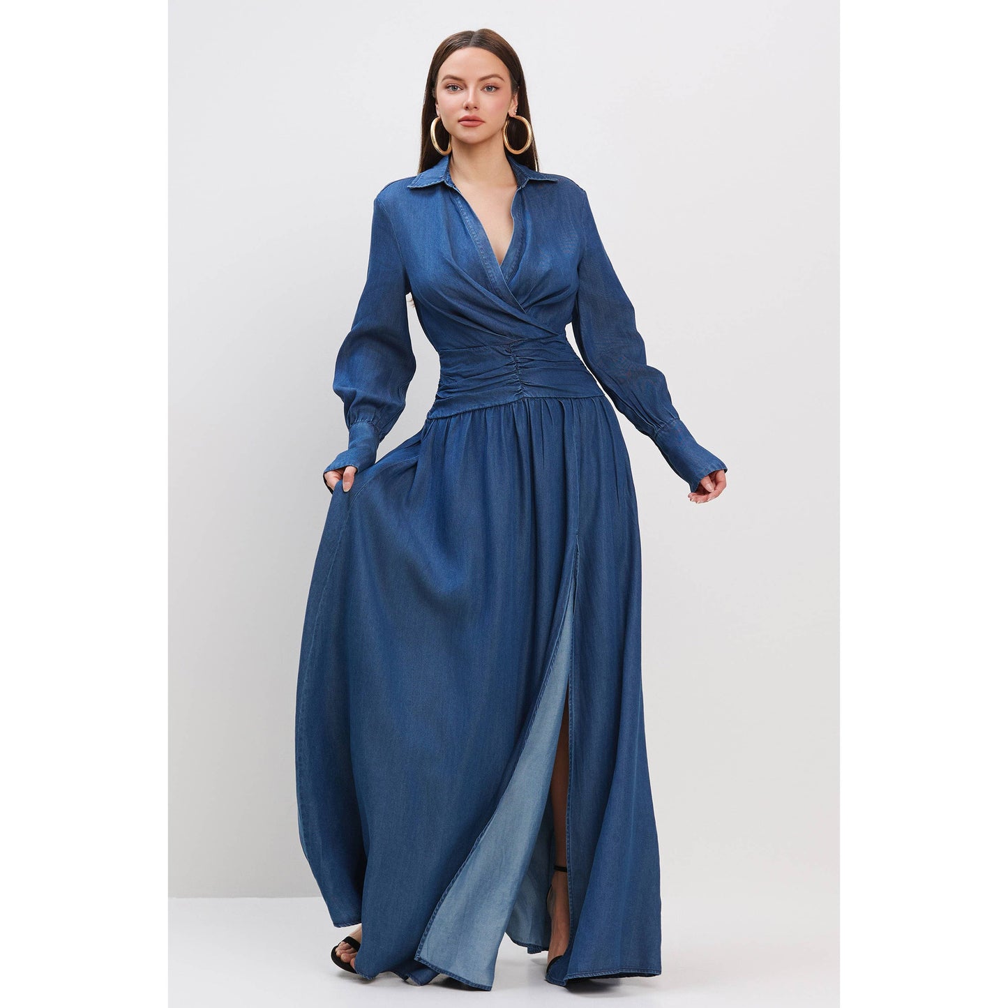DENIM SURPLICE FRONT SHIRRED WAIST MAXI DRESS