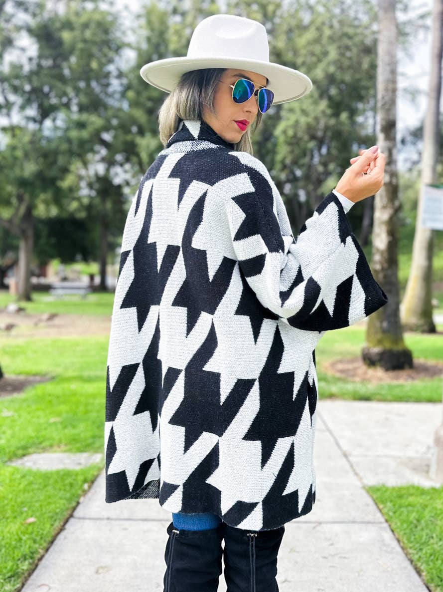 Black Luxurious Large Houndstooth Oversized Knit Cardigan