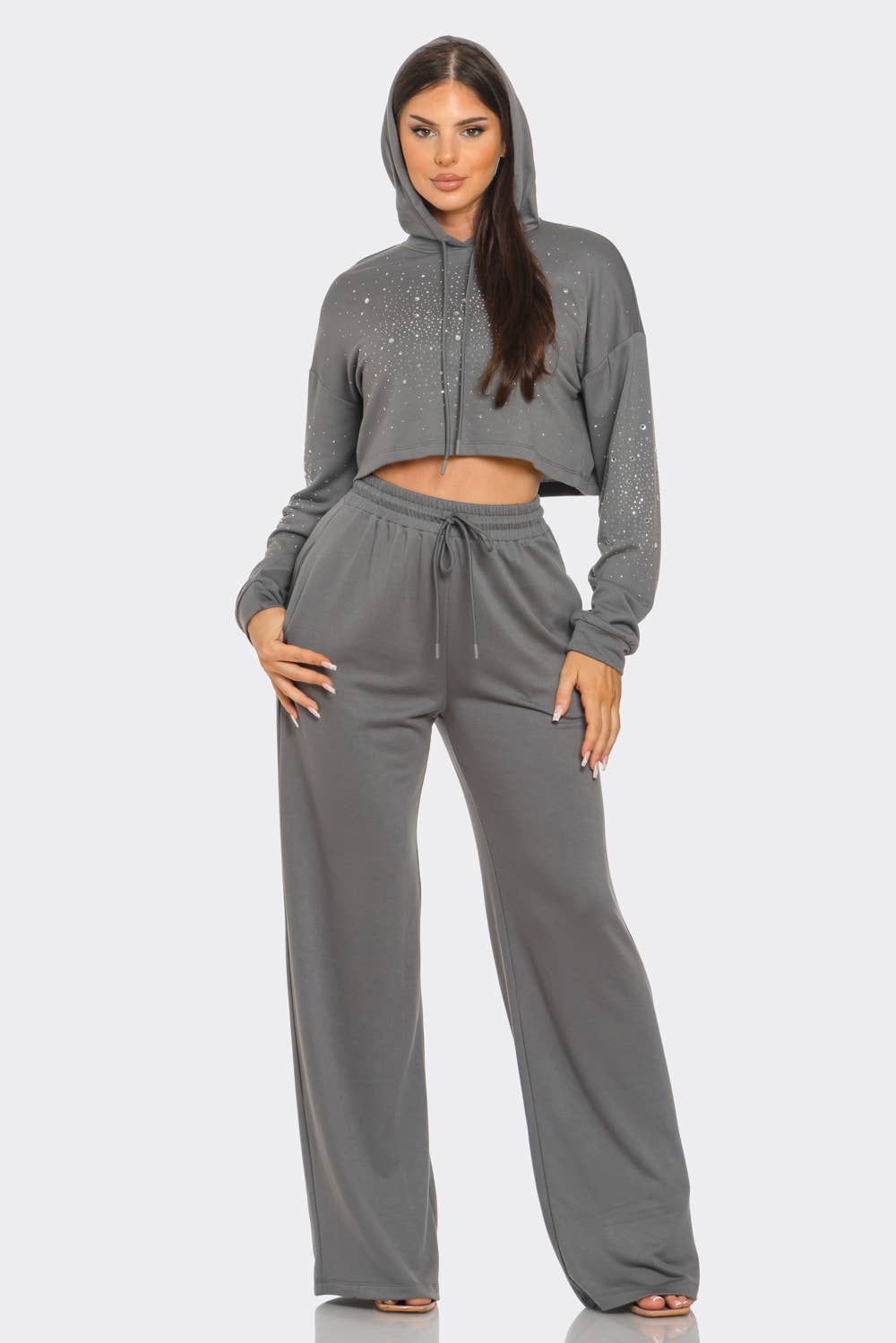Rhinestones Cropped Hoodie Top Pants Set