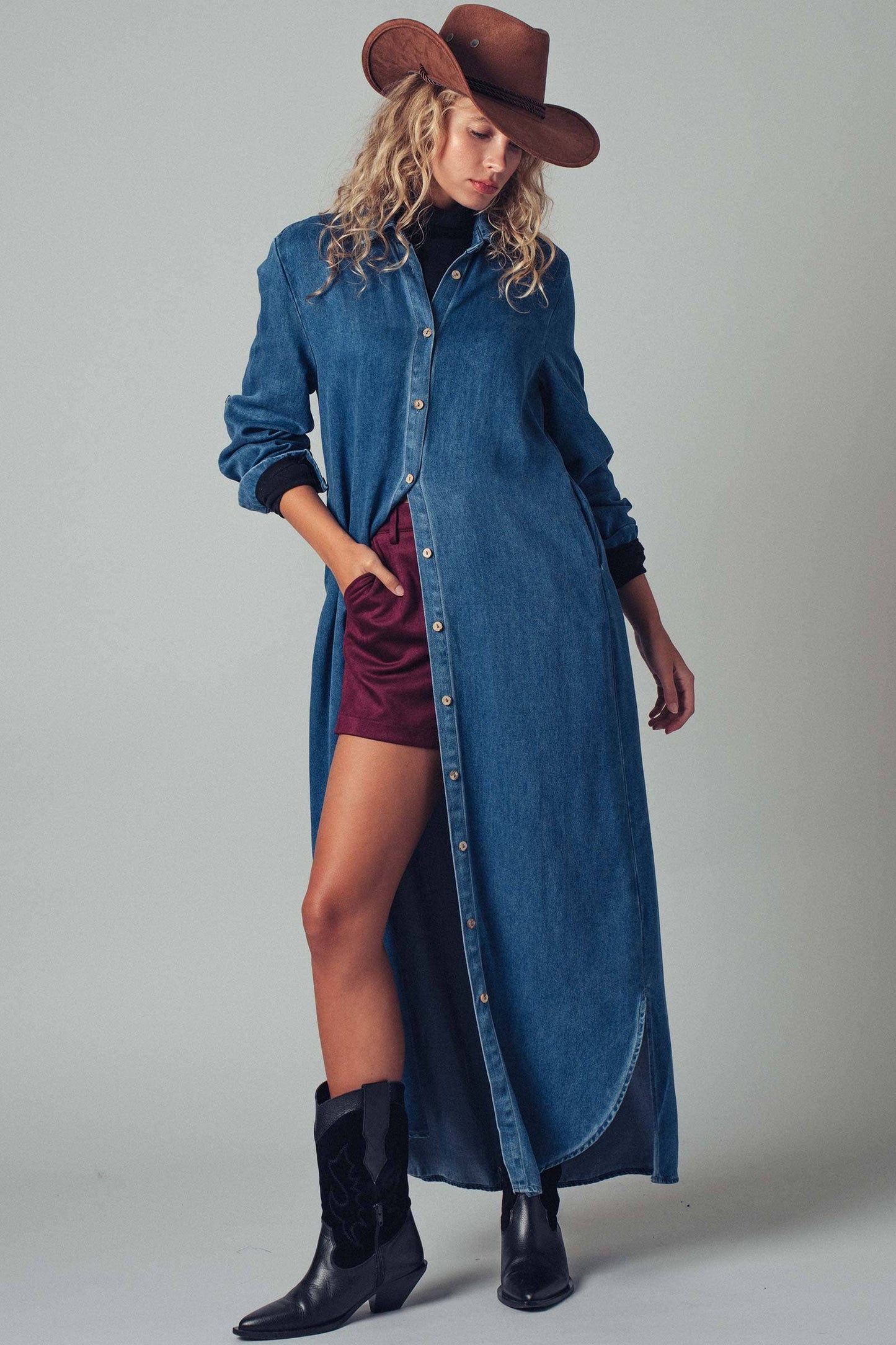 Relaxed Button-Down Western Denim Midi Dress