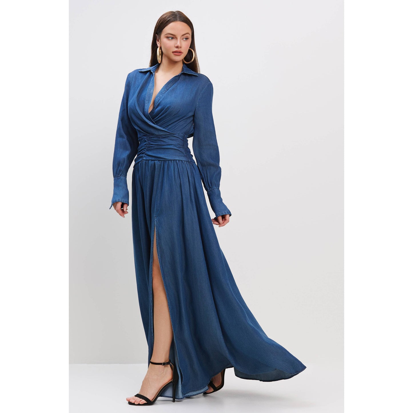 DENIM SURPLICE FRONT SHIRRED WAIST MAXI DRESS