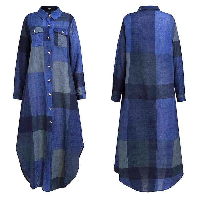 Ladies Plaid Shirt Feeling Relaxed Daily Long Dress 9237