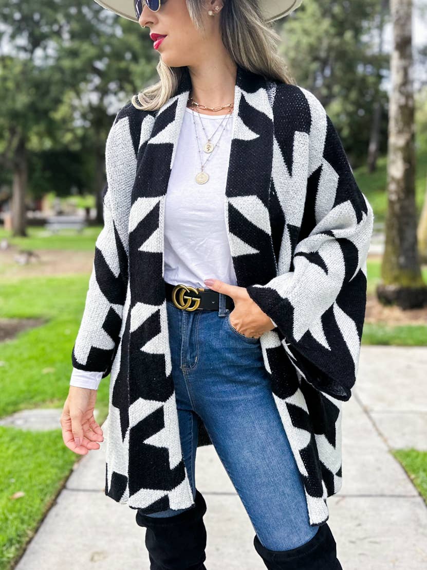 Black Luxurious Large Houndstooth Oversized Knit Cardigan
