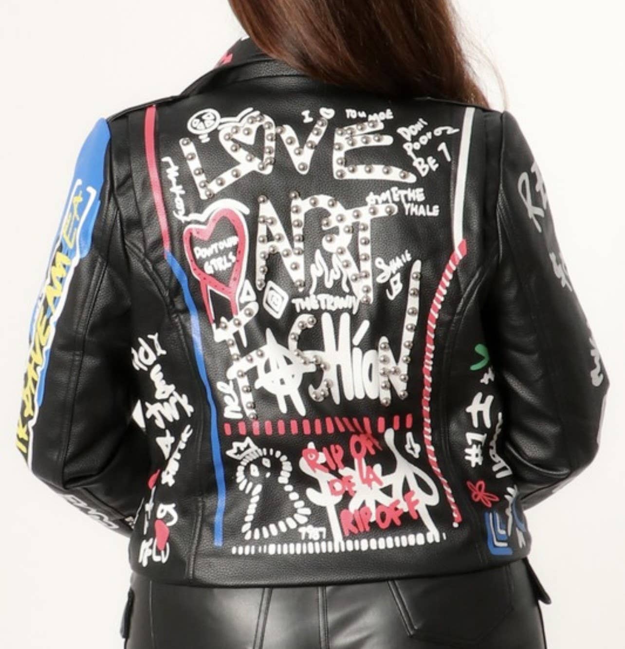 BOLD GRAFFITI FAUX LEATHER STUDDED BIKER JACKET