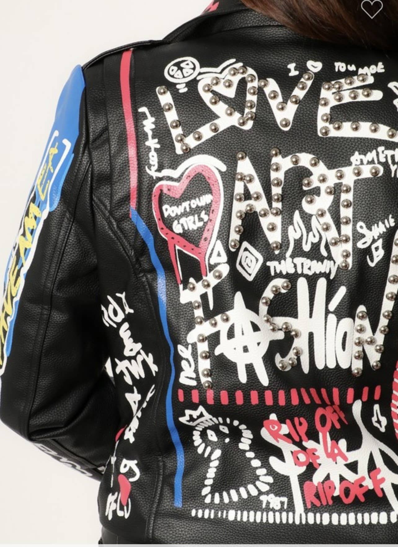 BOLD GRAFFITI FAUX LEATHER STUDDED BIKER JACKET