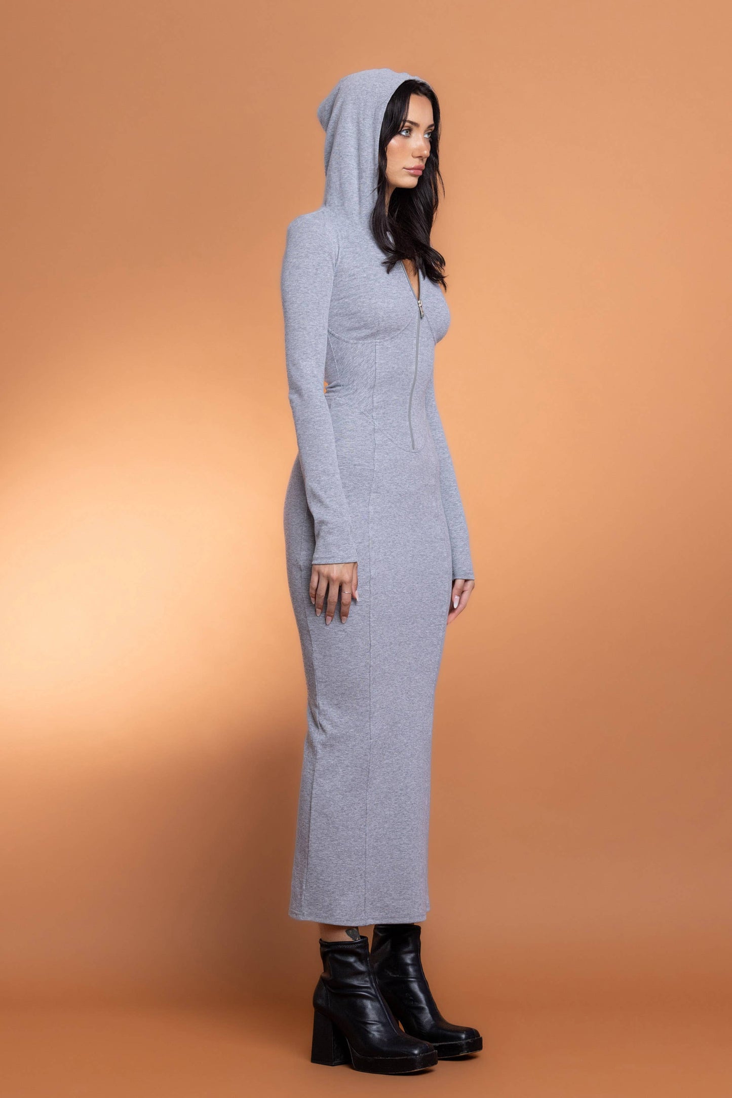 Ribbed zip up maxi dress w/ hoodie