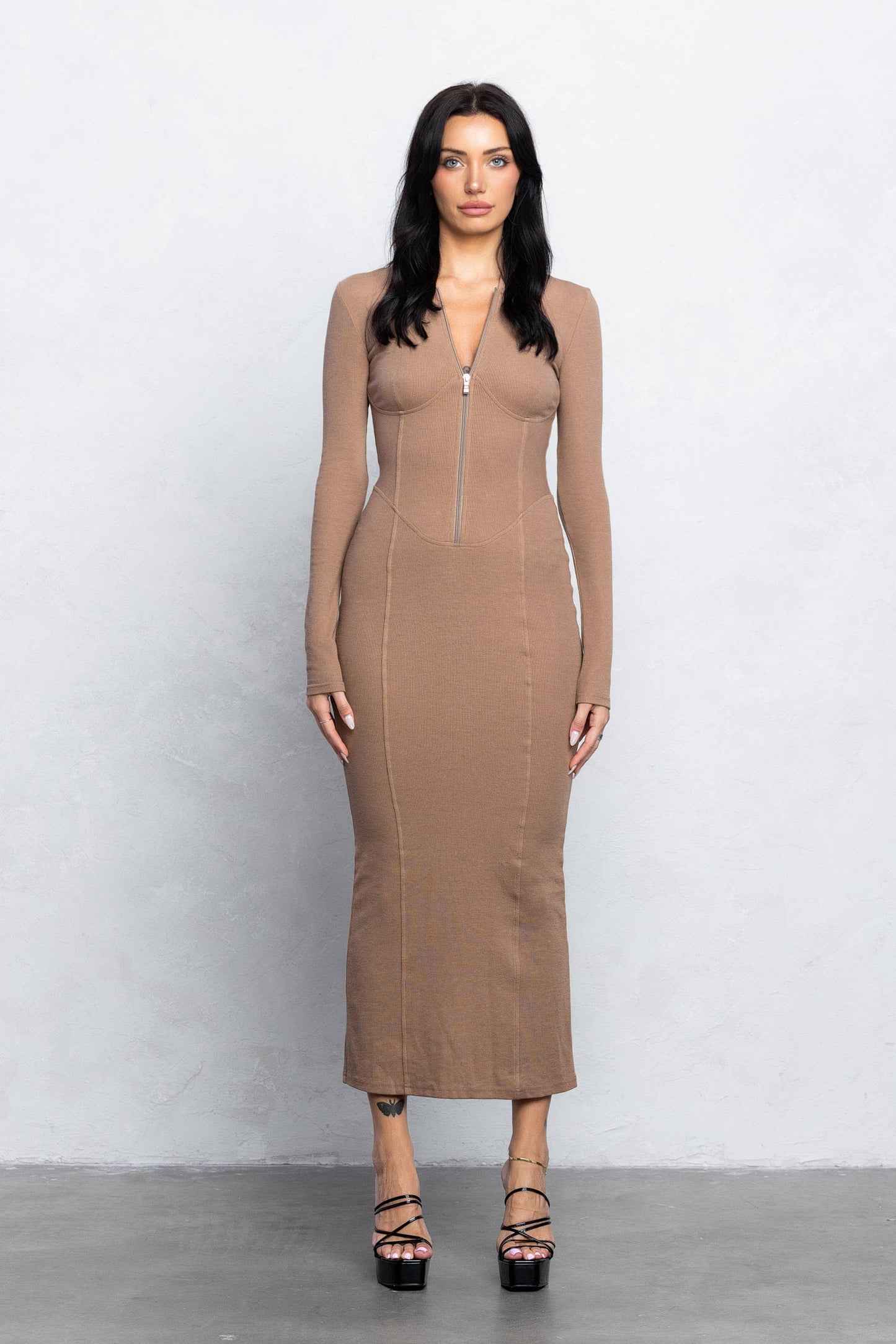 Ribbed zip up maxi dress w/ hoodie