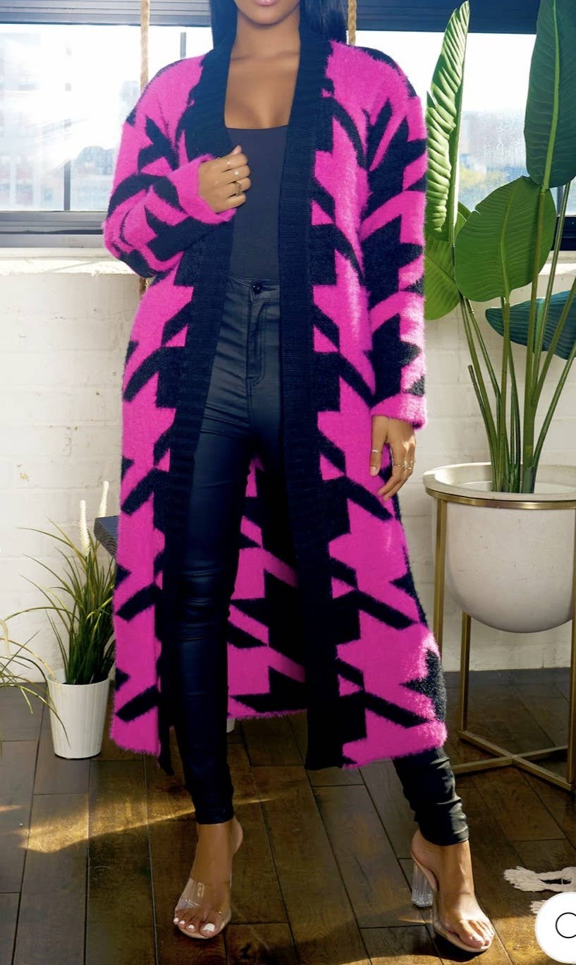 MULTI COLOR PATTERN OVER-SIZED KNIT LONG SEATER CARDIGAN