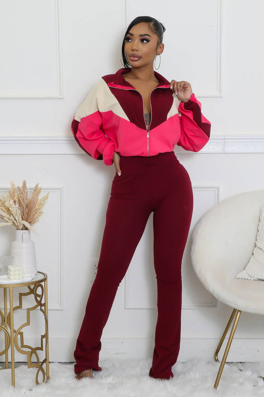 COLOR BLOCK WINDBREAKER AND FLARE PANTS SET