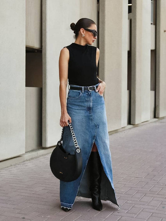 Sweetkama Denim High Waist Hip Wrap Ladies Denim Long Skirt