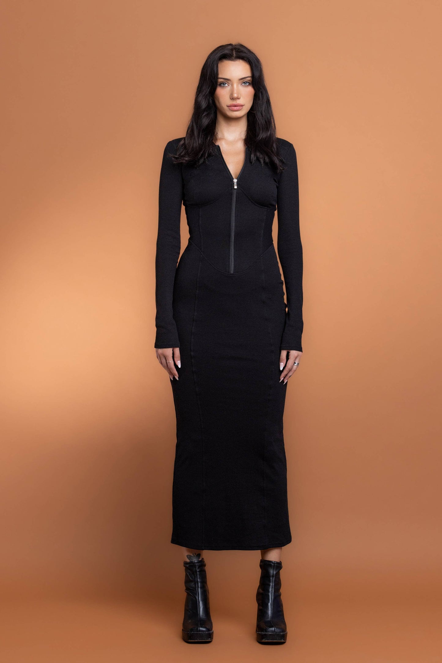 Ribbed zip up maxi dress w/ hoodie