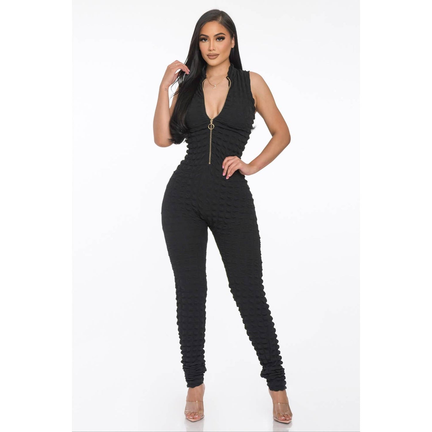 Popcorn Textured O Ring Half Zip Long Jumpsuit
