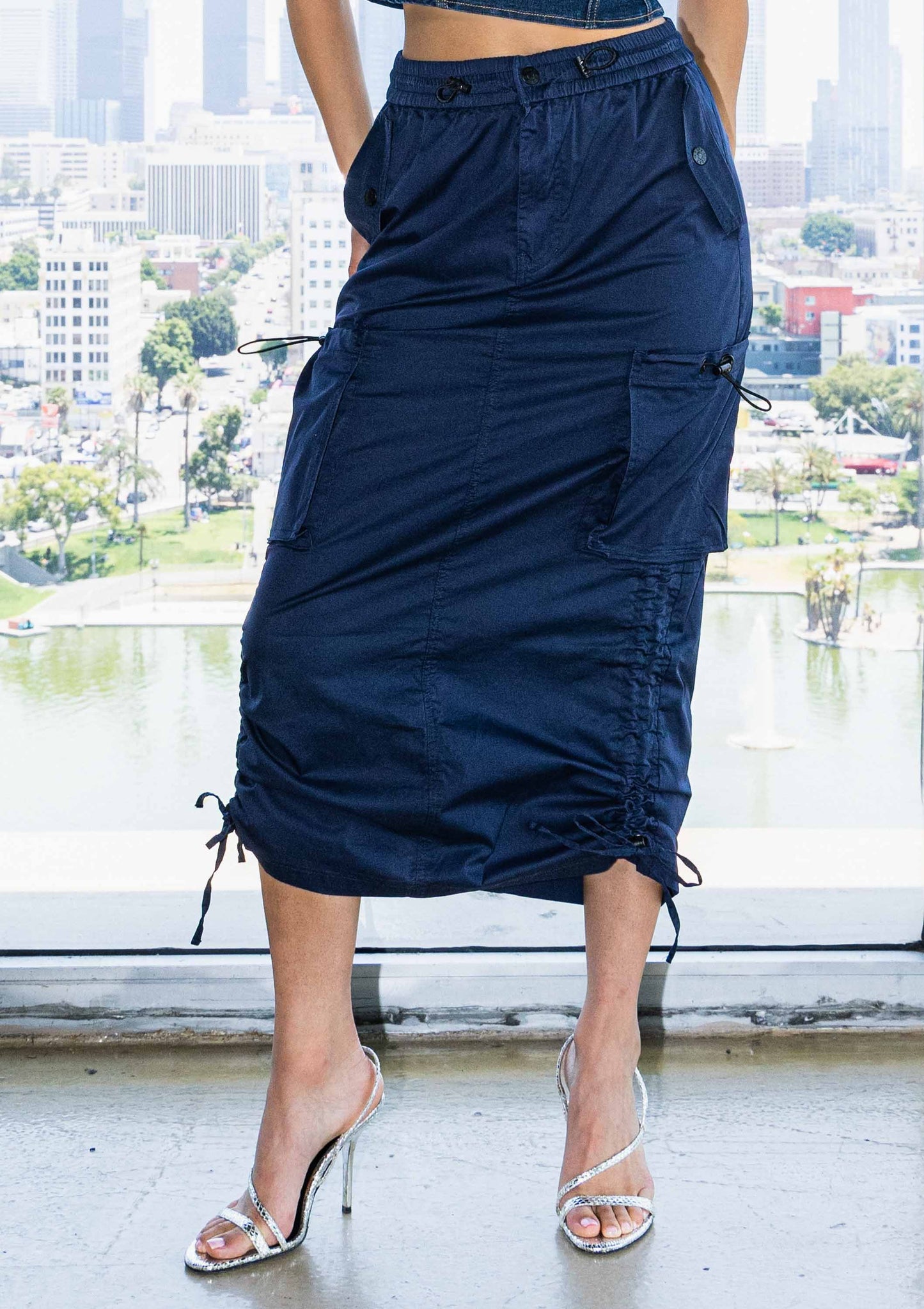 Drawstring Side Flap Y2K Cargo Column Skirt: S / Olive