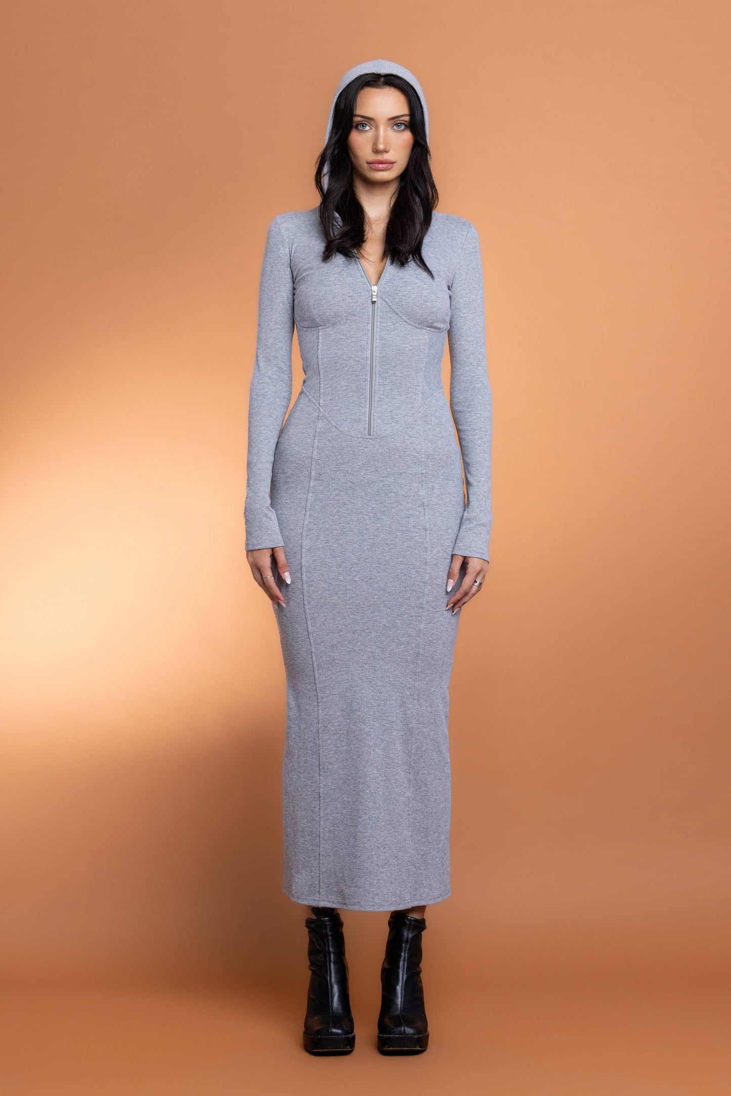 Ribbed zip up maxi dress w/ hoodie