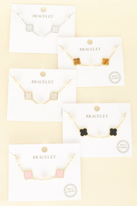 Gold Dipped Enamel Quatrefoil Pearl Bracelet