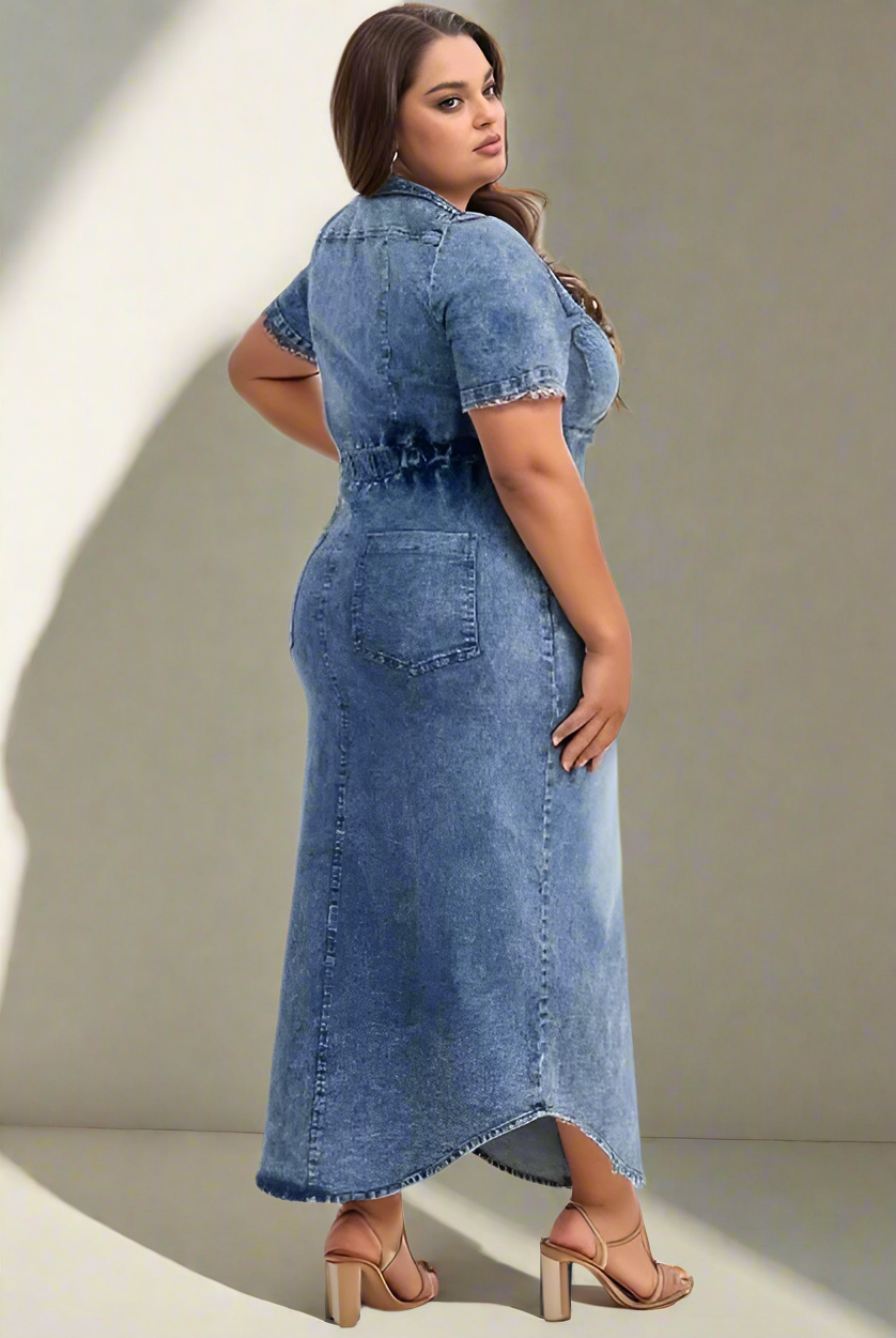 Short-sleeve denim maxi dress
