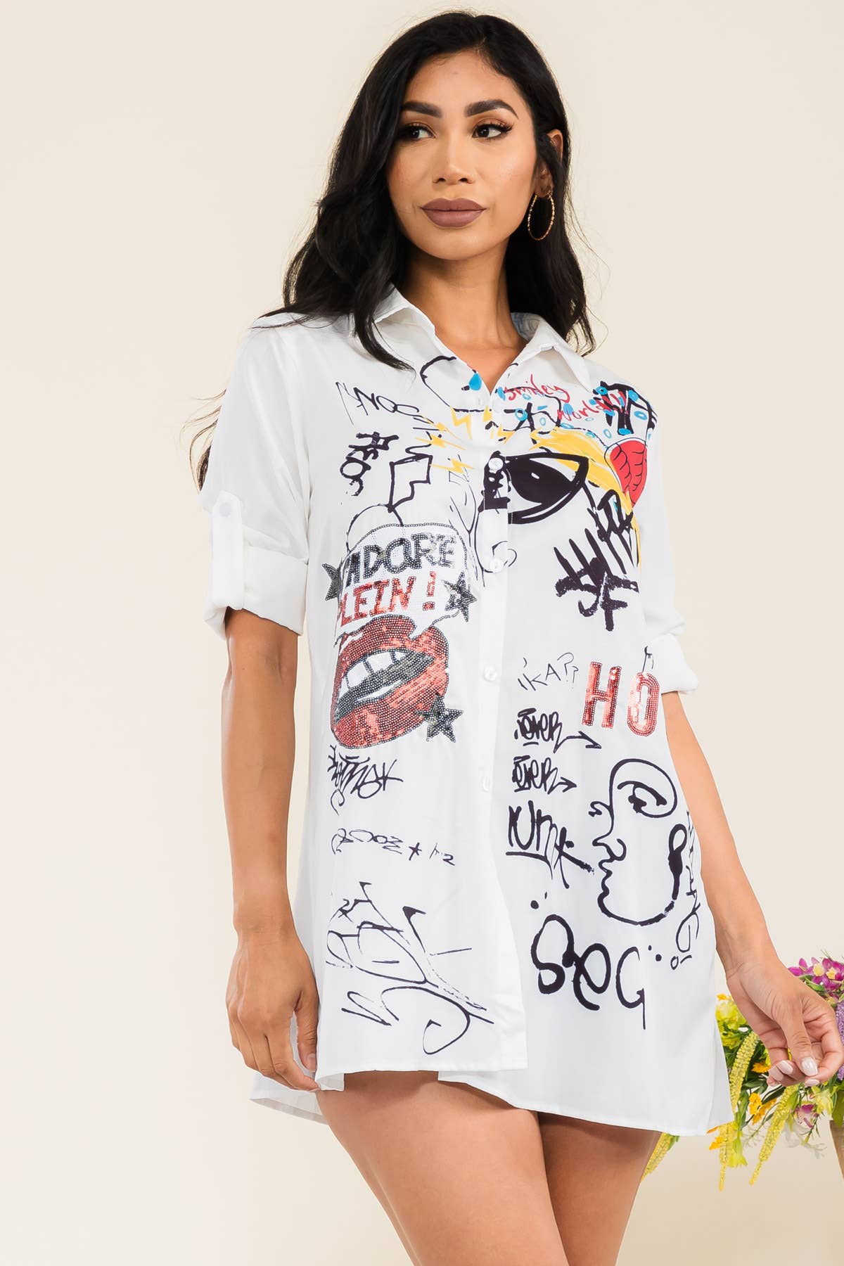 J510 - Graphic Print 3/4 Sleeve Collard Shirt