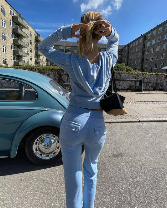 Sweetkama Ladies Zipper Hooded Coat Pockets Pants Velvet Set