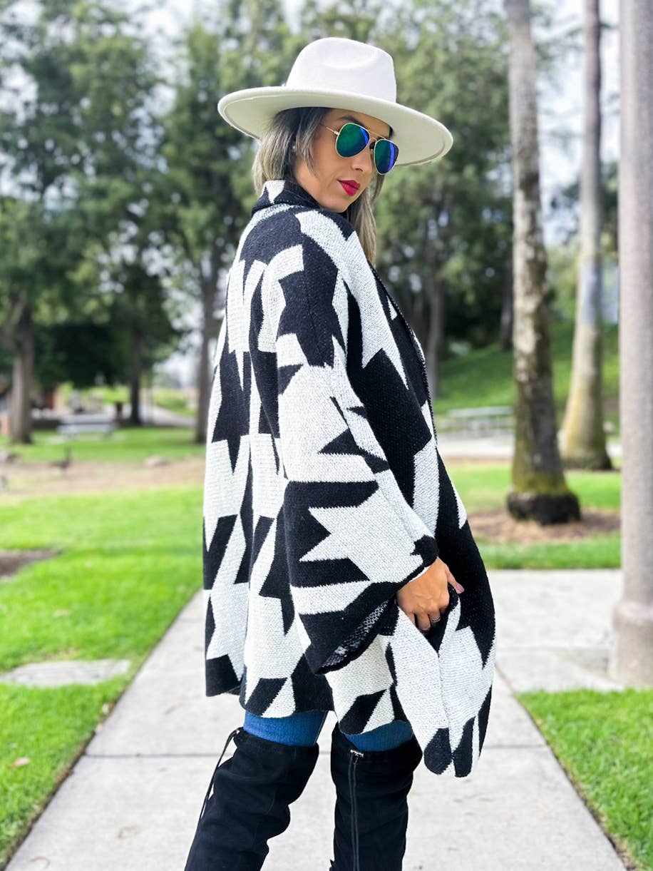 Black Luxurious Large Houndstooth Oversized Knit Cardigan