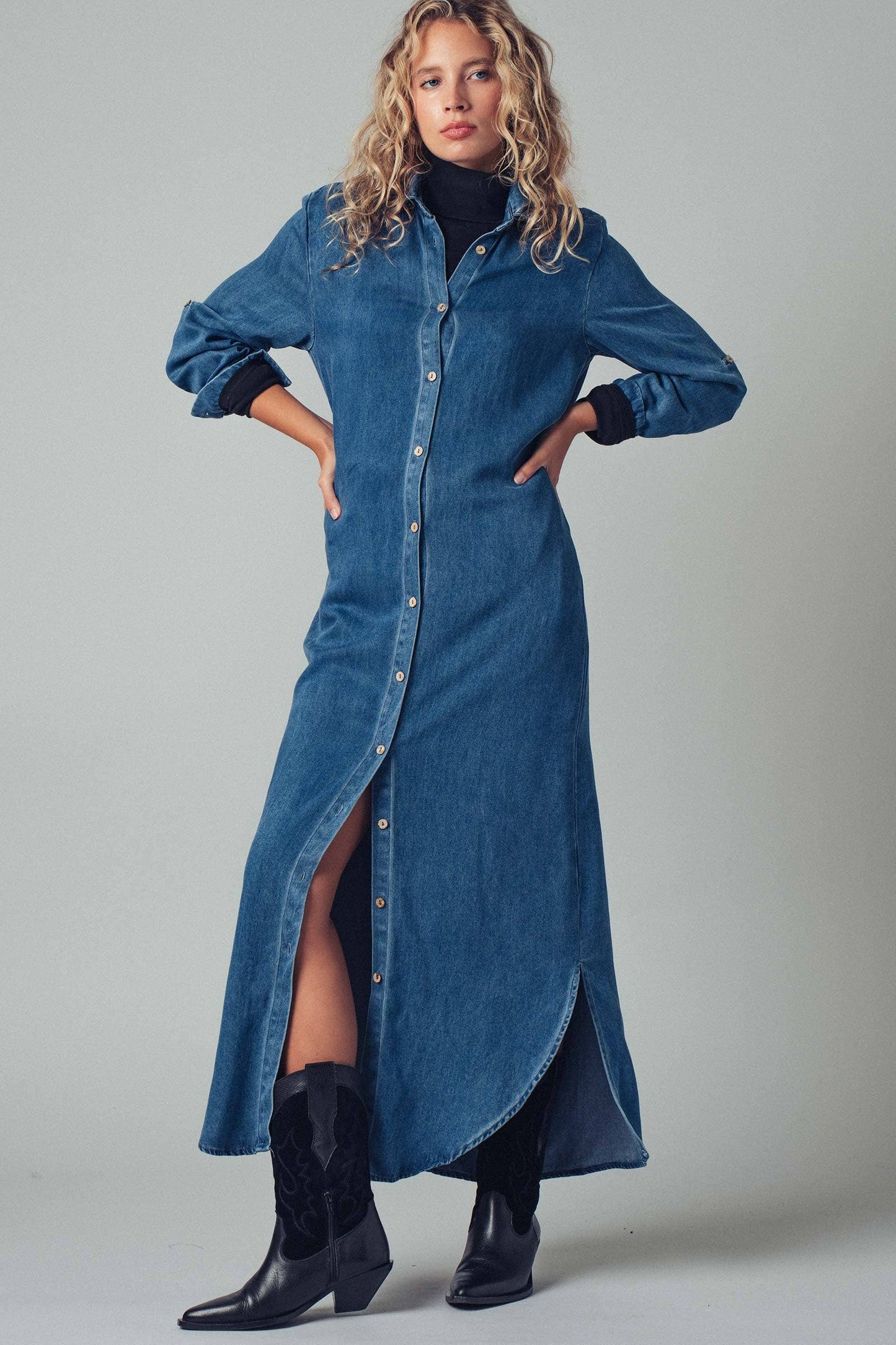 Relaxed Button-Down Western Denim Midi Dress