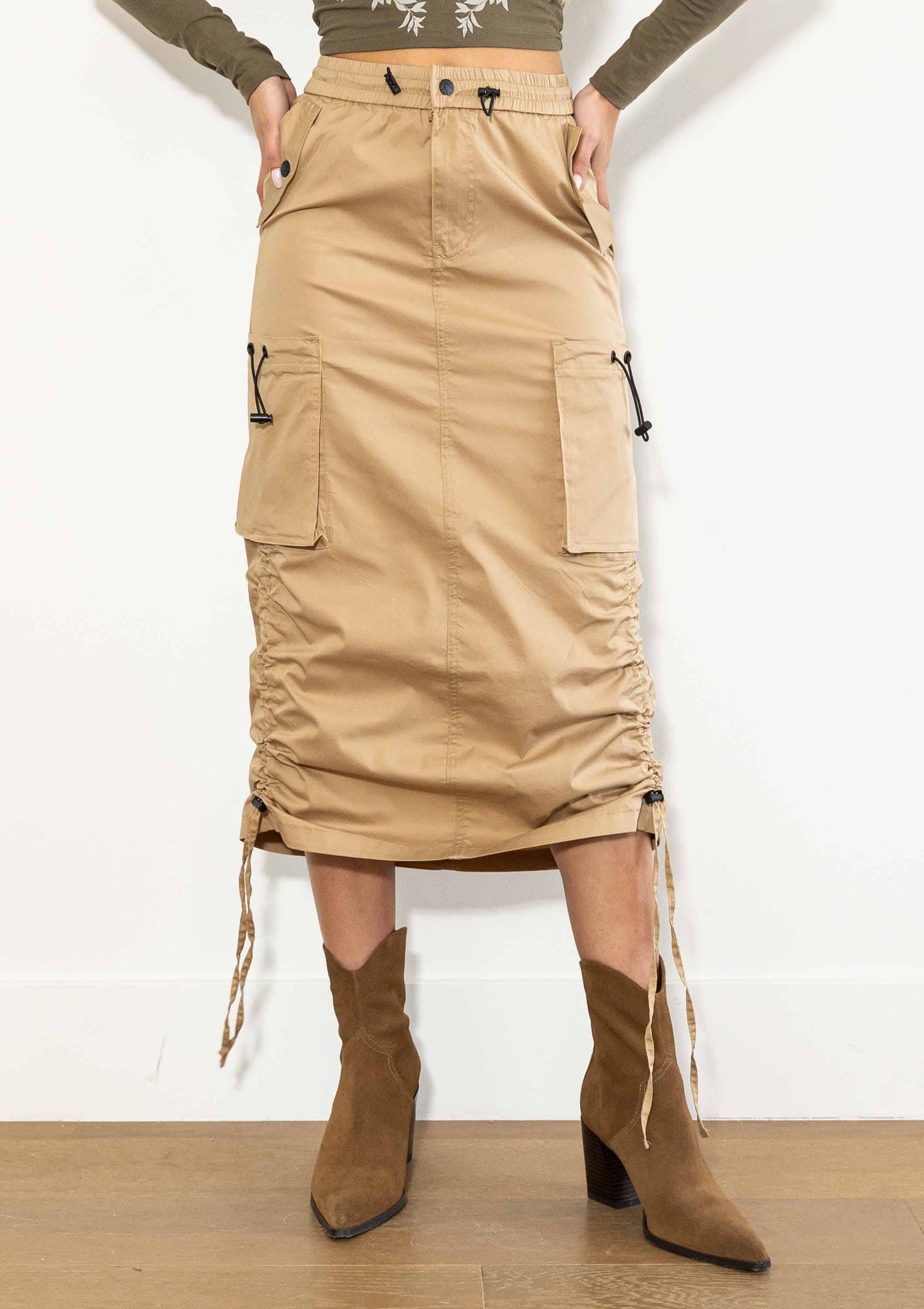 Drawstring Side Flap Y2K Cargo Column Skirt: S / Olive