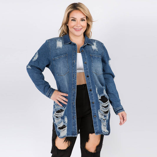 PLUS SIZE LONG LENGTH DENIM SHIRTS JACKET-RJK3712SIP