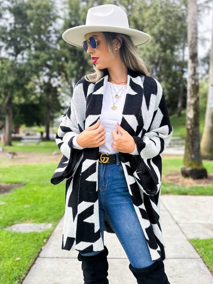 Black Luxurious Large Houndstooth Oversized Knit Cardigan