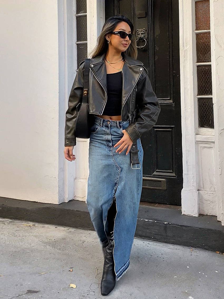 Sweetkama Denim High Waist Hip Wrap Ladies Denim Long Skirt