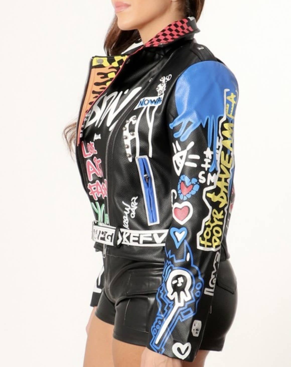 BOLD GRAFFITI FAUX LEATHER STUDDED BIKER JACKET