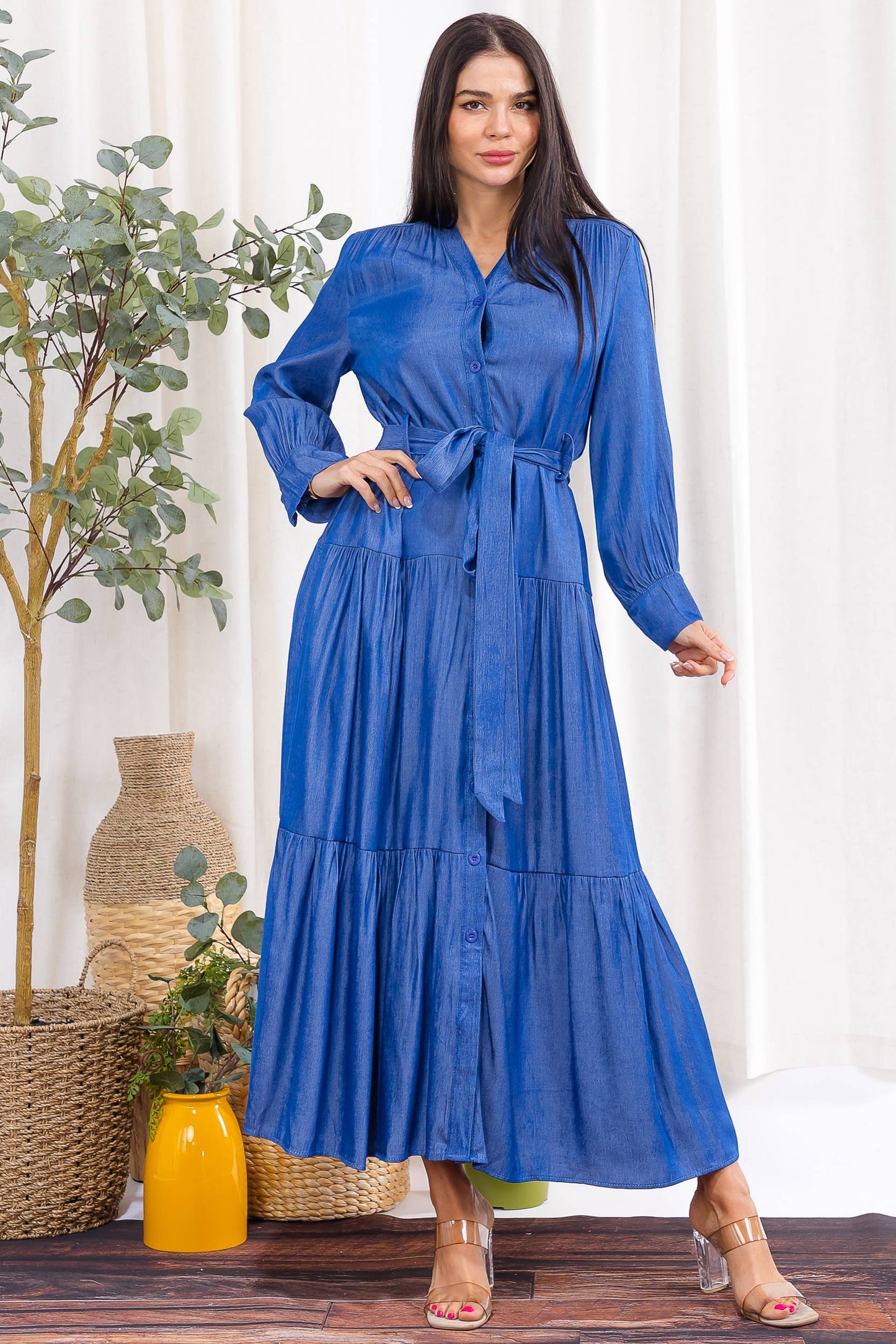 H007X-S Plus Size Tiered Button-Down Maxi Dress