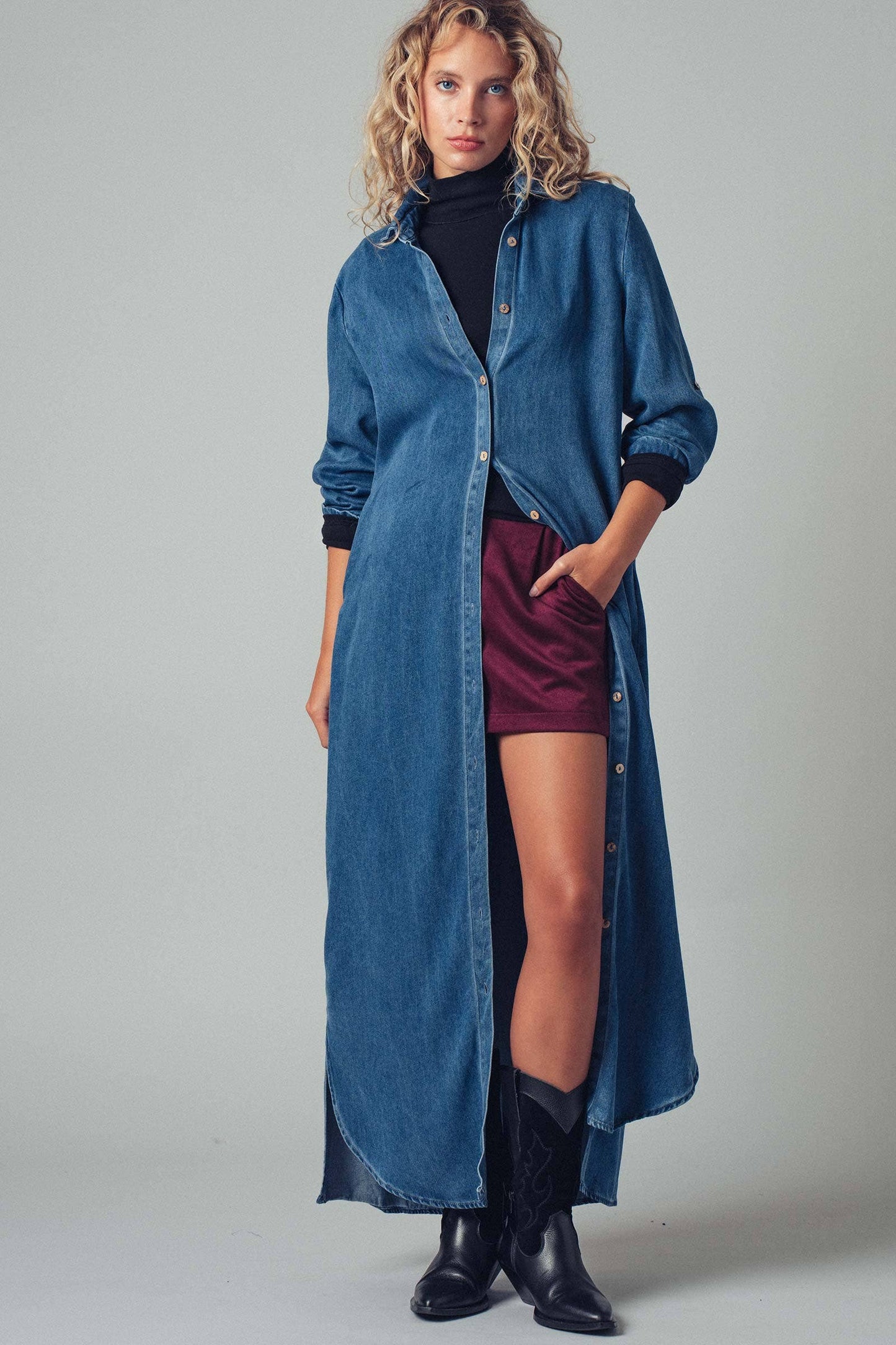 Relaxed Button-Down Western Denim Midi Dress