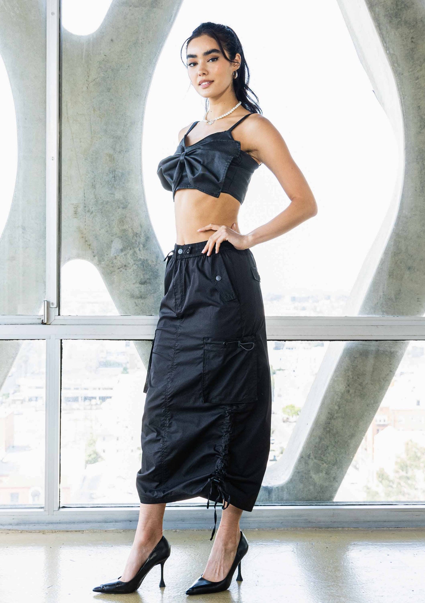 Drawstring Side Flap Y2K Cargo Column Skirt: S / Olive