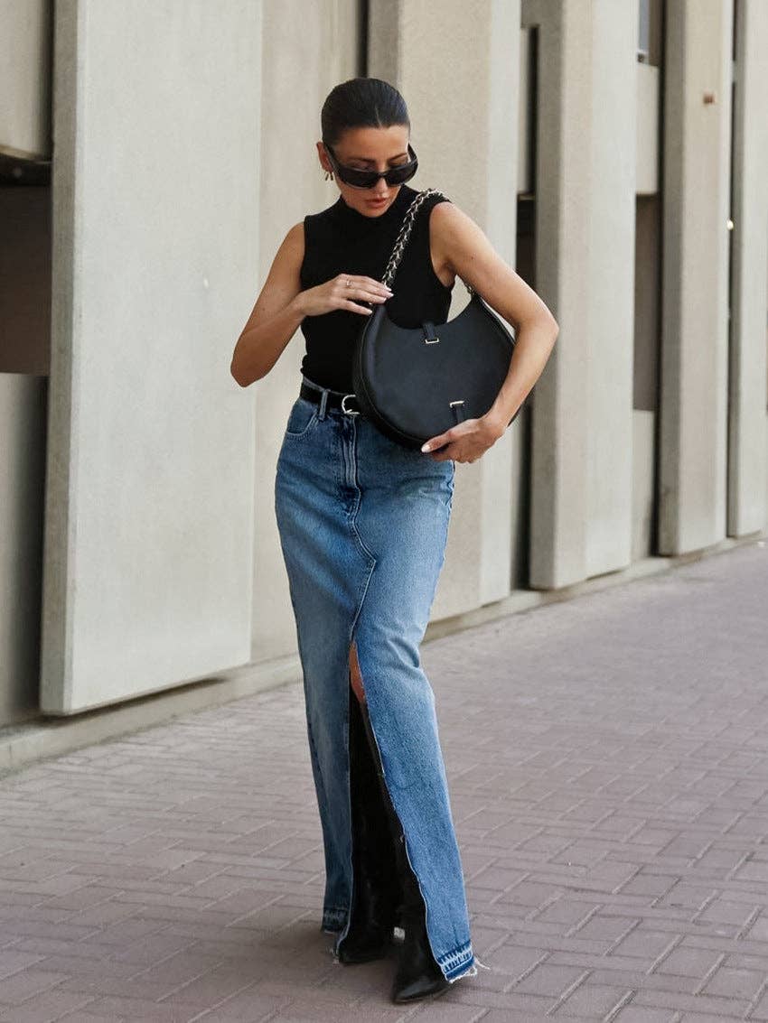 Sweetkama Denim High Waist Hip Wrap Ladies Denim Long Skirt