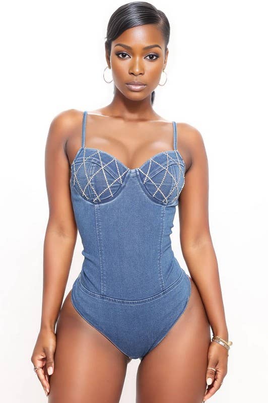 Rhinestone Detail Denim Bodysuit