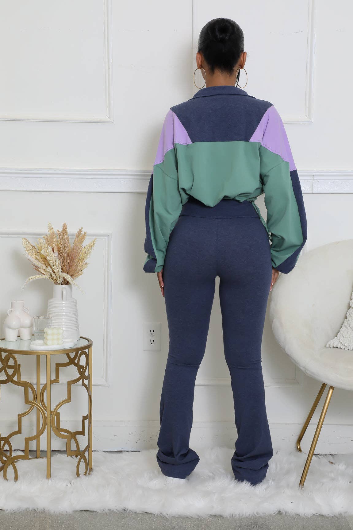 COLOR BLOCK WINDBREAKER AND FLARE PANTS SET