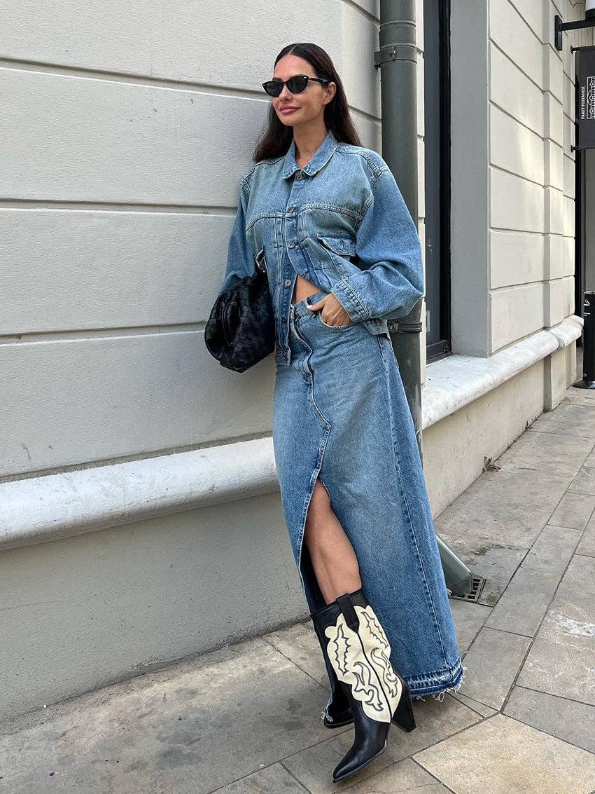 Sweetkama Denim High Waist Hip Wrap Ladies Denim Long Skirt