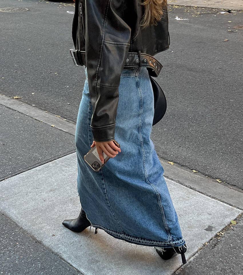 Sweetkama Denim High Waist Hip Wrap Ladies Denim Long Skirt