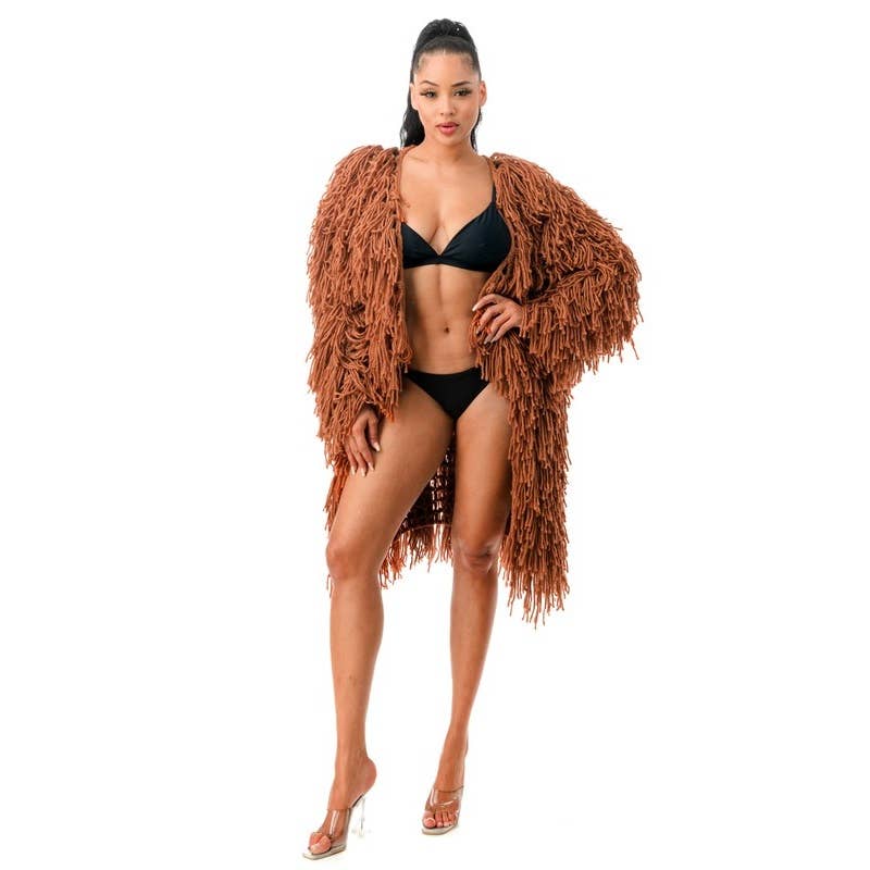 Fringe Trim Long Sleeve Cardigan Sweater Coat