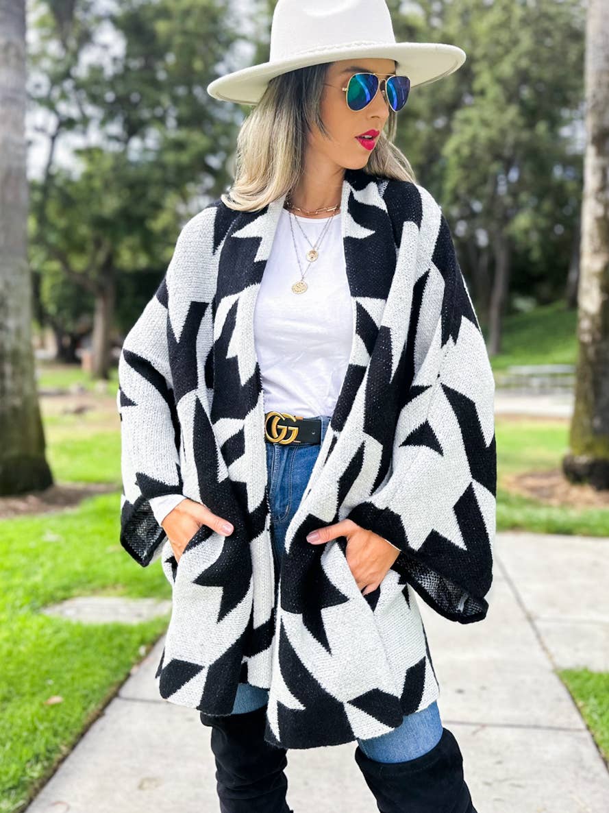 Black Luxurious Large Houndstooth Oversized Knit Cardigan