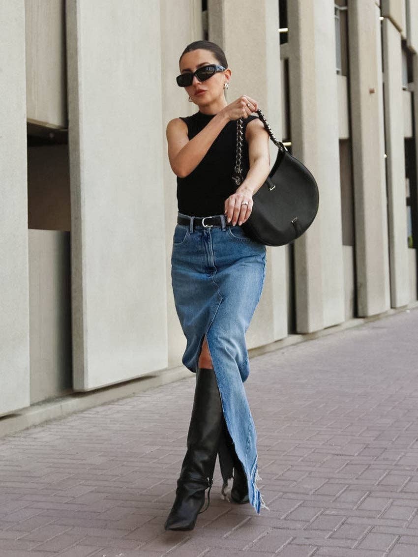 Sweetkama Denim High Waist Hip Wrap Ladies Denim Long Skirt