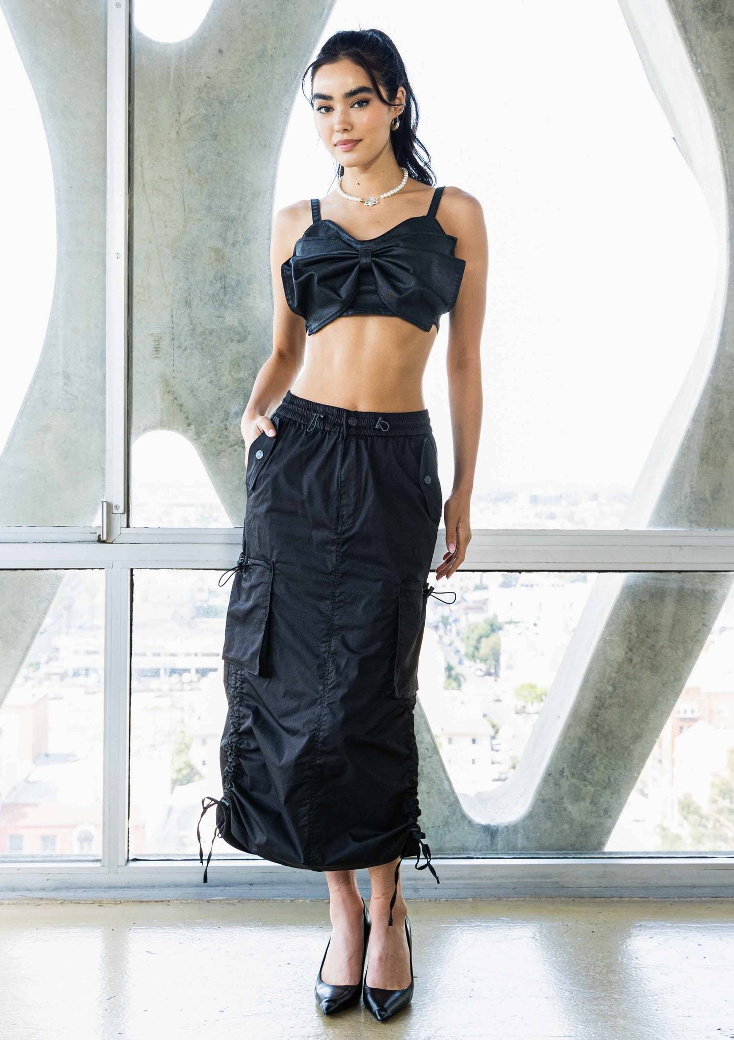 Drawstring Side Flap Y2K Cargo Column Skirt: S / Olive