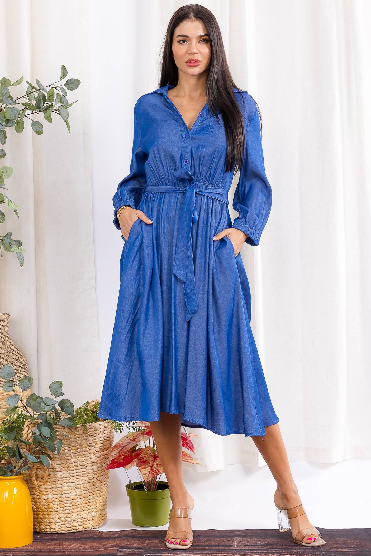 H003X-S Plus size Button-Down Belted Midi Dress