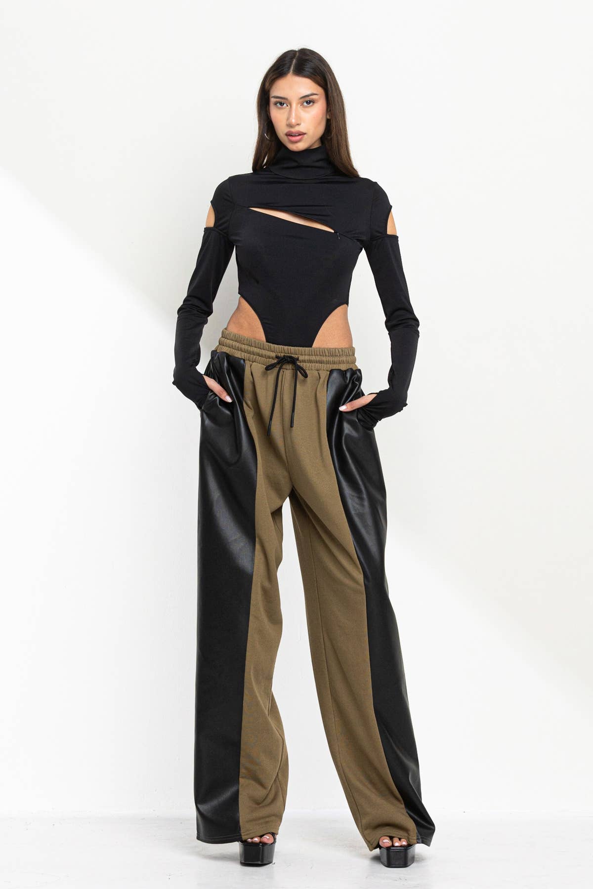 Half and half faux leather detail and sweatpants