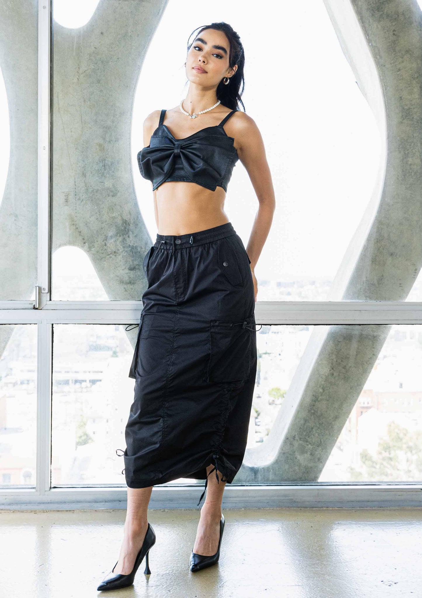 Drawstring Side Flap Y2K Cargo Column Skirt: S / Olive