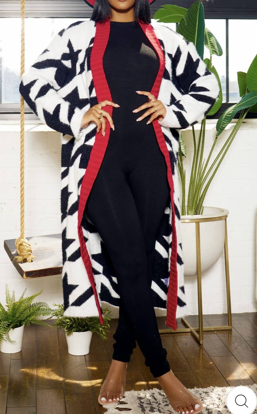 MULTI COLOR PATTERN OVER-SIZED KNIT LONG SEATER CARDIGAN