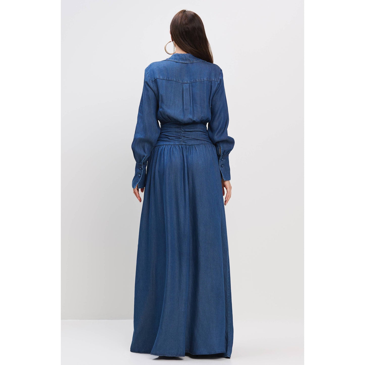 DENIM SURPLICE FRONT SHIRRED WAIST MAXI DRESS